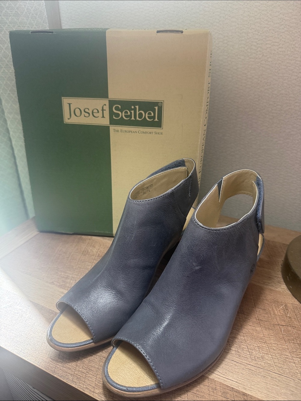 Josef Seibel Navy Leather Peep-Toe Mules